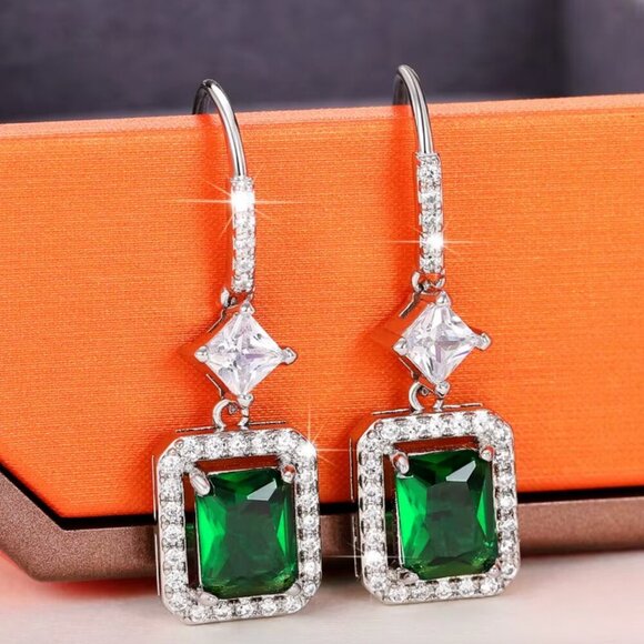 18k White Gold Emerald Green Diamond Earrings Dangle Drop Earrings - Picture 2 of 7